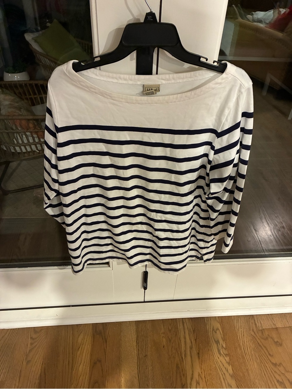 L.L. Bean White Long-Sleeve Boatneck Top with Navy Stripes